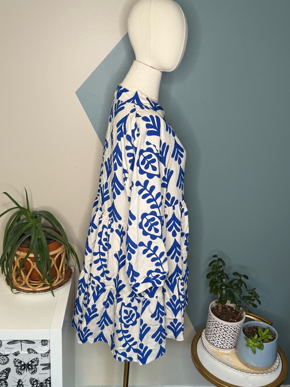 Zara Blue White Mediterranean Print Tiered Babydoll Dress M Coastal Resort - Picture 5 of 10